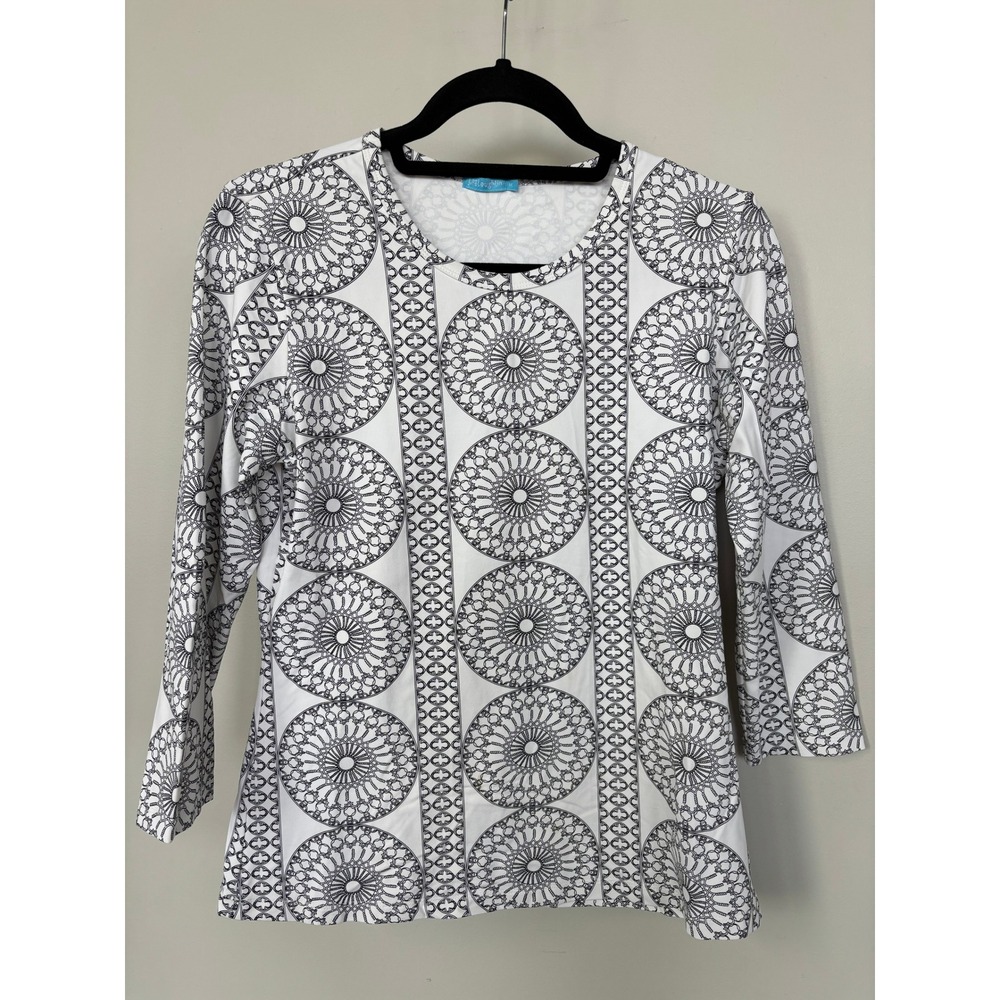 J.McLaughlin Womens M Medallion Print 3/4 Sleeve Top Black White Matte Jersey